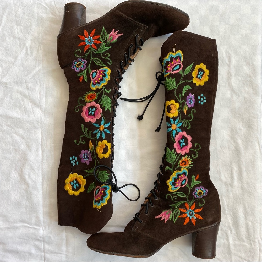 Vintage 70s Jerry Edouard Embroidered Knee High Lace Up Boots, 7B